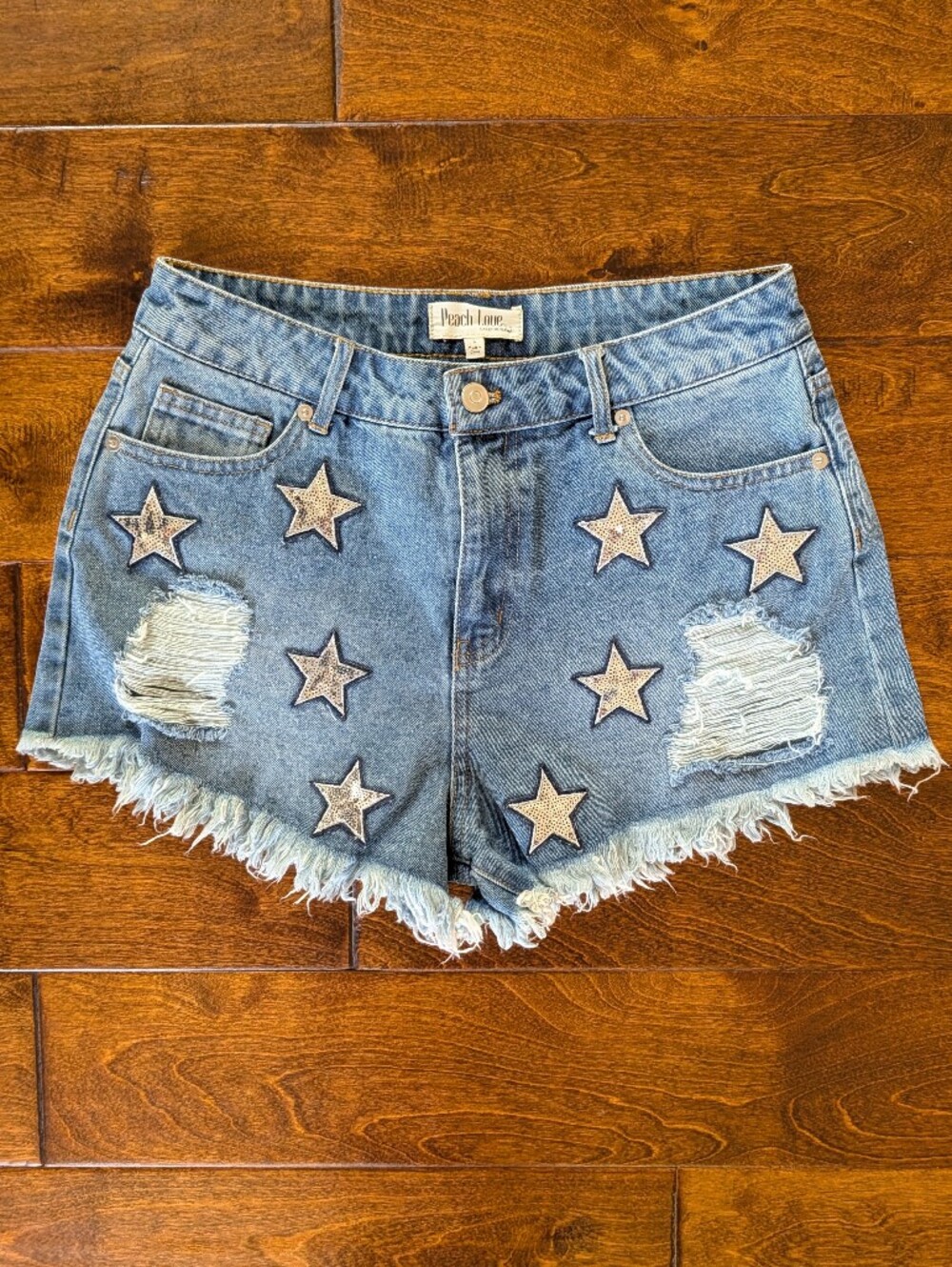 High-Rise Blue Denim Sequin Star Patch Shorts - Large